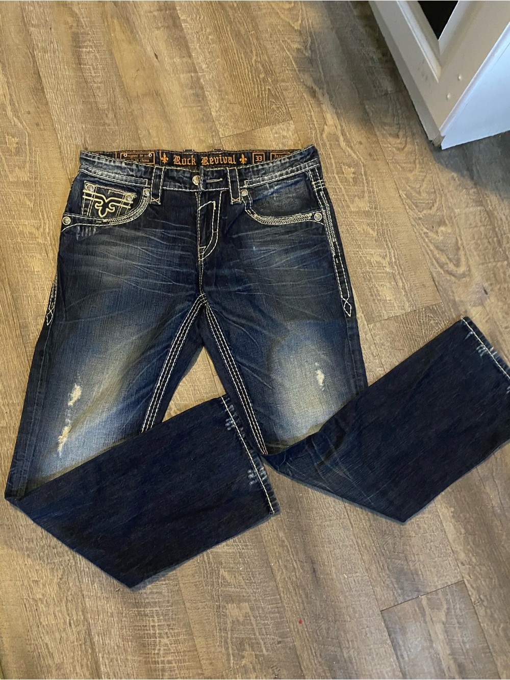 Rock Revival  Men's Dark Blue Jeans with Cream Stitching